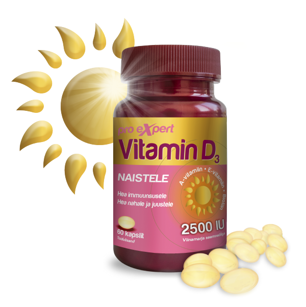 Vitamiin D3 2500 IU naistele (+Vitam E, A) õlikapslid N60 (Pro Expert)